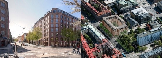 Till vänster syns det nya förslagets utformning sett från korsningen Södra Vägen/Berzeliigatan. Till höger ett flygfoto med modell av bebyggelsen enligt det nya förslaget.