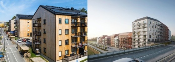 Till vänster syns fastigheten i etapp två i stadsdelen Brogårdstaden i Upplands-Bro och till höger syns Kvarteret Ångloket i Knivsta.