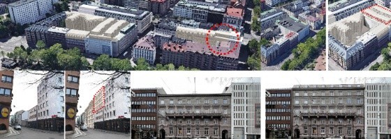 Illustration av hur fastigheterna kring Lorensbergsgatan kan komma att utvecklas. Till höger i bild och inrutat i rött är de tänkt att bli radhus på taket. På den nedre raden är förslag på hur fasaderna skulle kunna förändras för att samspela med befintlig bebyggelse.