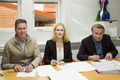Nordhallas vd Patrik Hall, Lulebos styrelseordförande Emma Engelmark och Nordhallas vice vd Pontus Rode, skriver under avtalen.